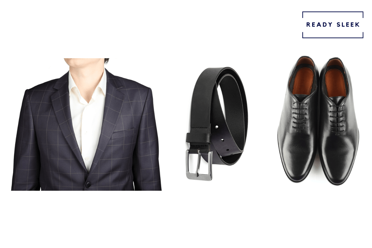 dark grey suit + black belt + black oxford shoes