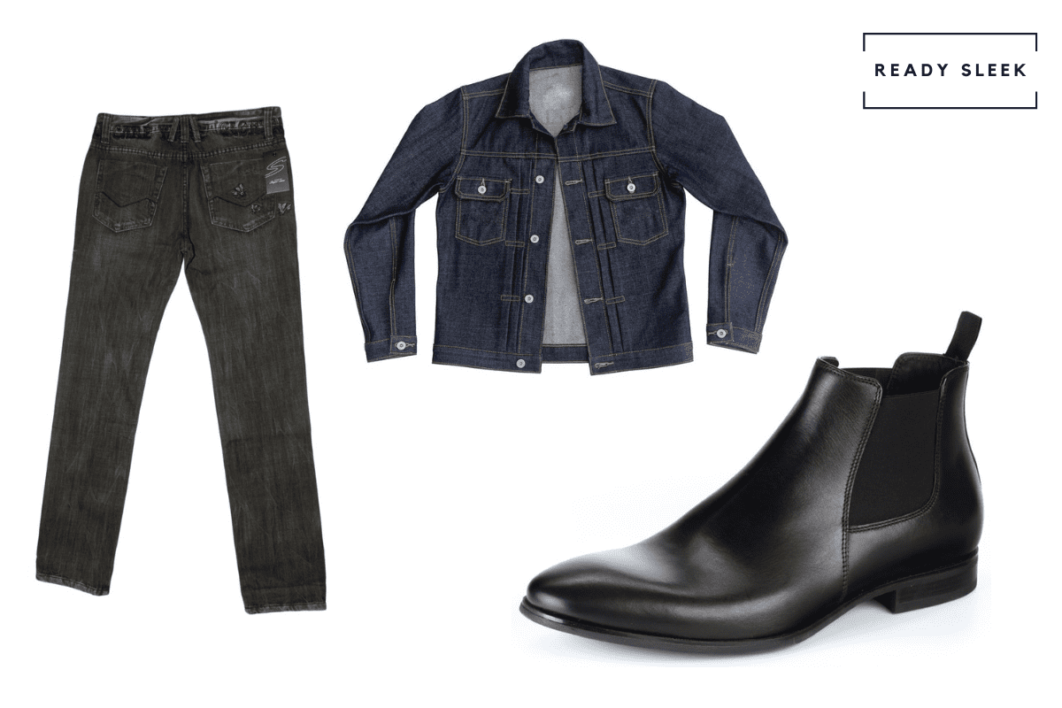 Denim jacket + black jeans + black leather chelsea boots