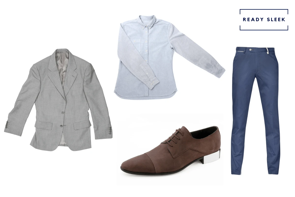 Grey blazer + light blue OCBD + navy chinos + brown suede shoes