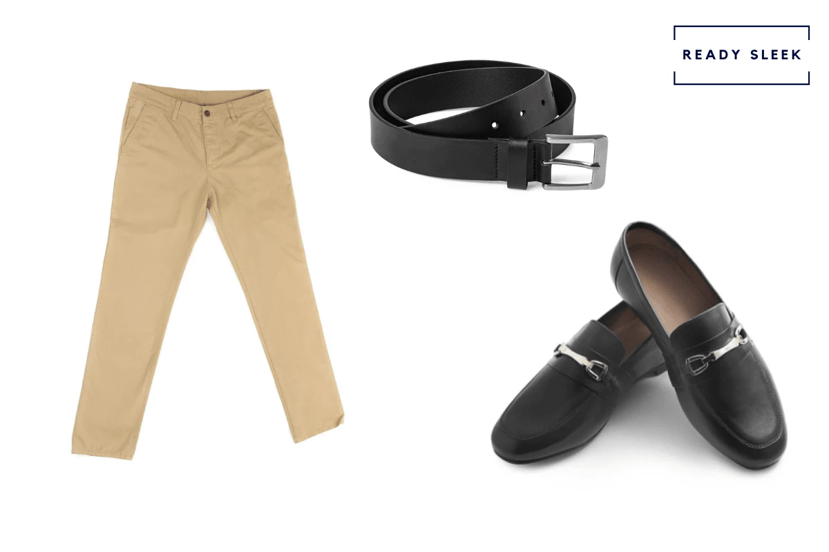 Khaki pants + black horsebit loafers + black belt