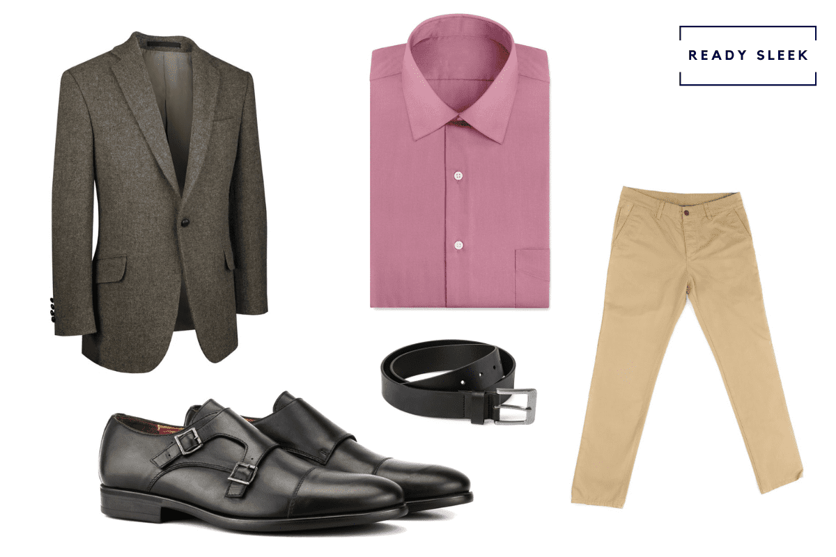 Khaki pants + pink shirt + charcoal grey blazer + black monkstrap shoes + black belt