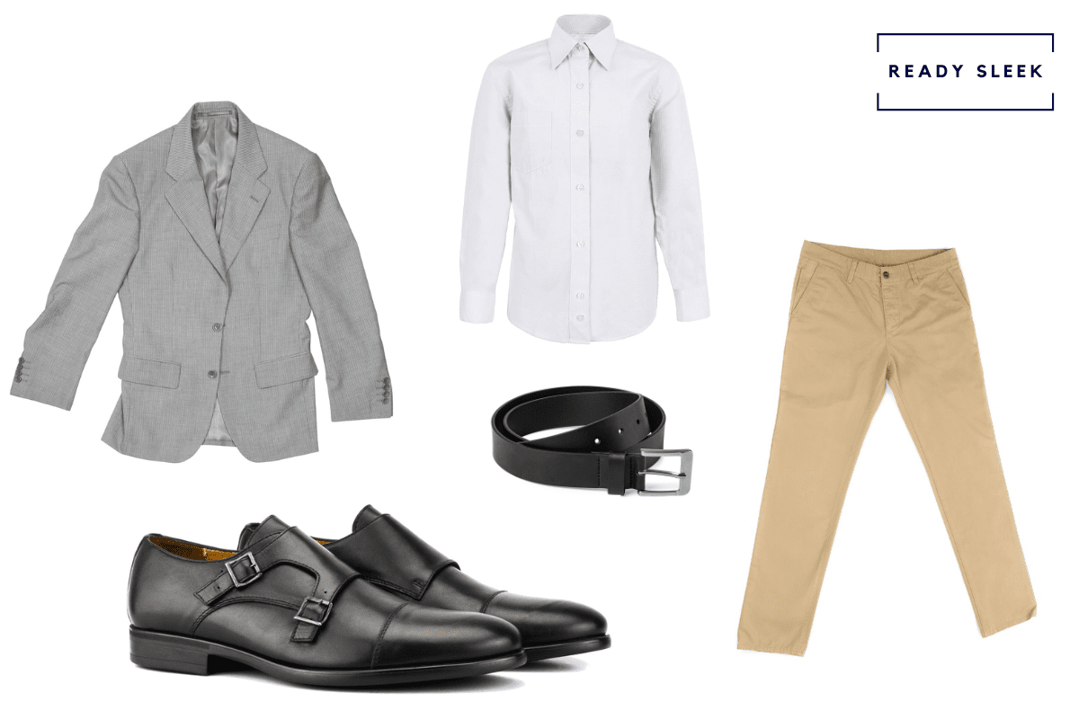 Khaki pants + white casual shirt + grey blazer + black monkstrap shoes + black belt