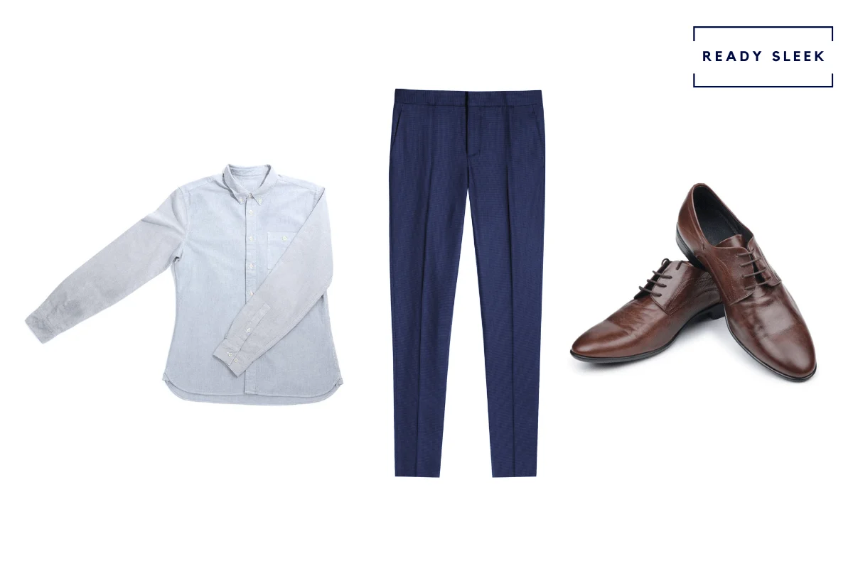 Light OCBD + navy blue pants + light brown oxford shoes