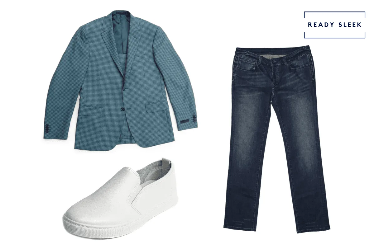 Light blue blazer with dark blue jeans and white slip on sneakers