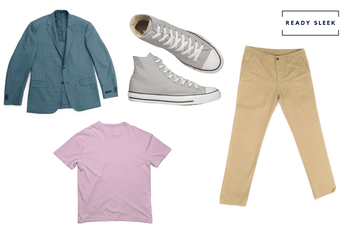 Light blue blazer + khaki pants + pink tshirt + grey sneakers