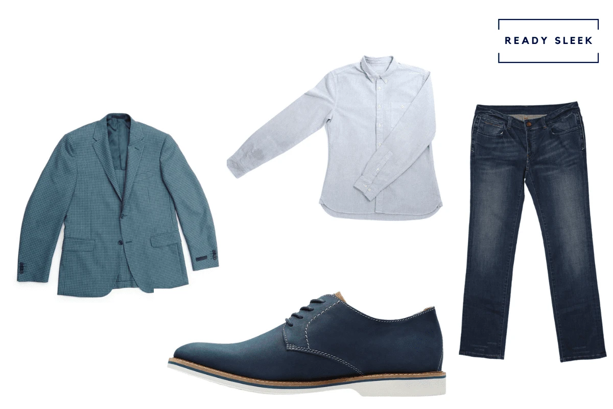 Light blue blazer with light blue OCBD, dark blue jeans and blue suede derby shoes