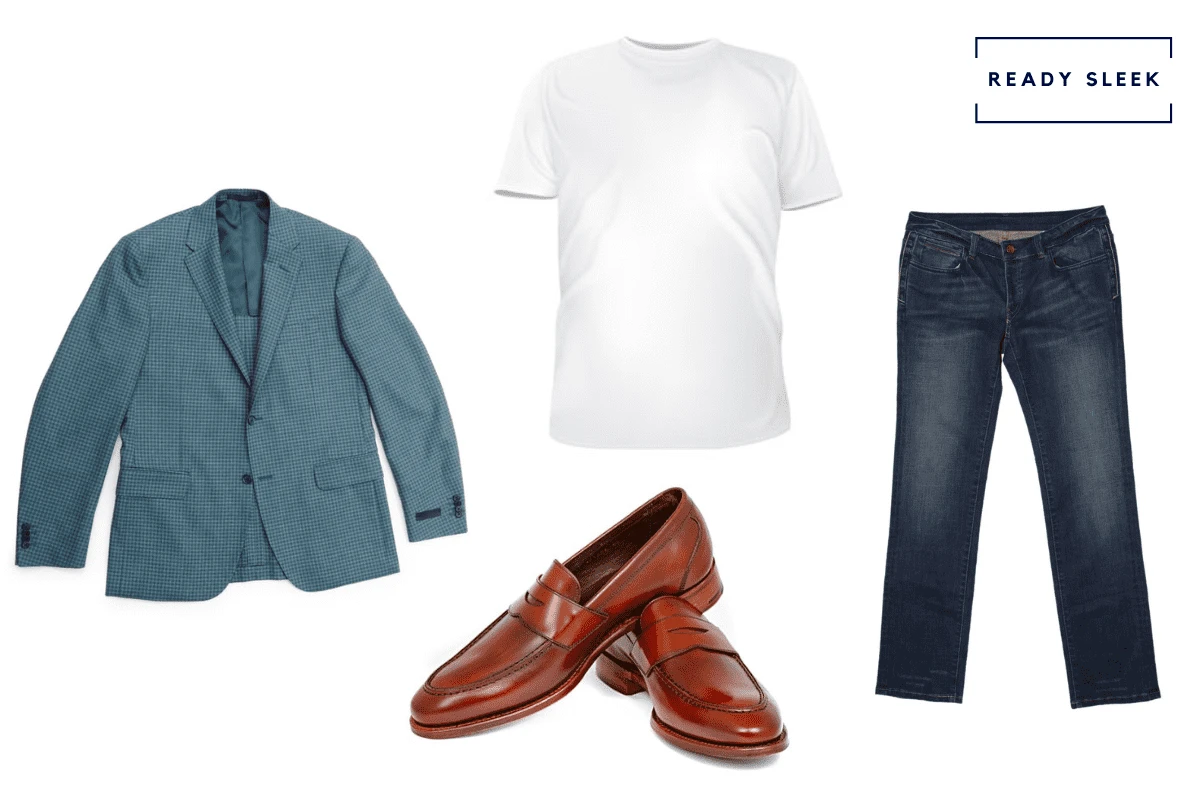 Light blue blazer with white tshirt, dark blue jeans and leather penny loafer