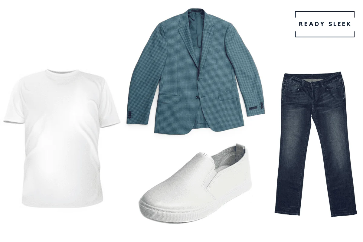 Light blue blazer with white tshirt, dark blue jeans and white slip on sneakers