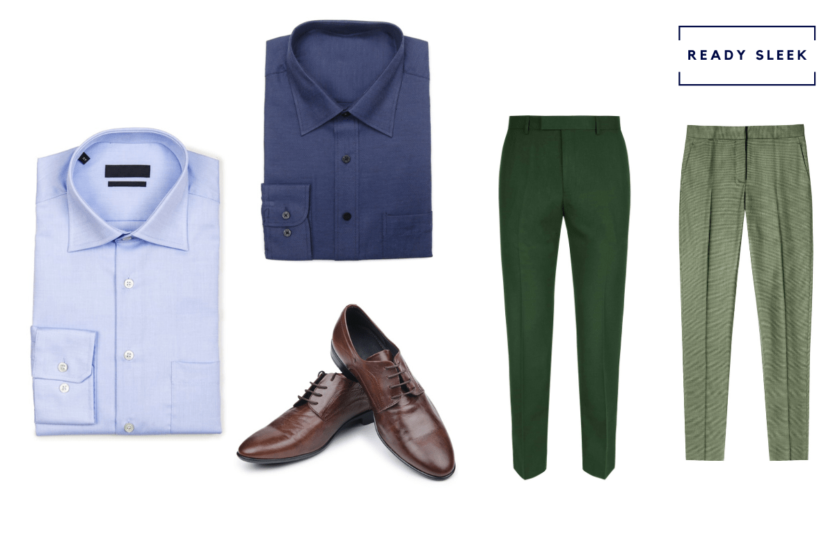 Light blue shirt + navy blue shirt + dark brown dress shoes + light green pants + dark green pants