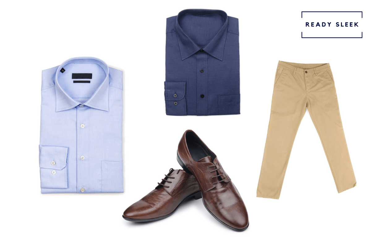 Light blue shirt + navy blue shirt + dark brown dress shoes + tan pants