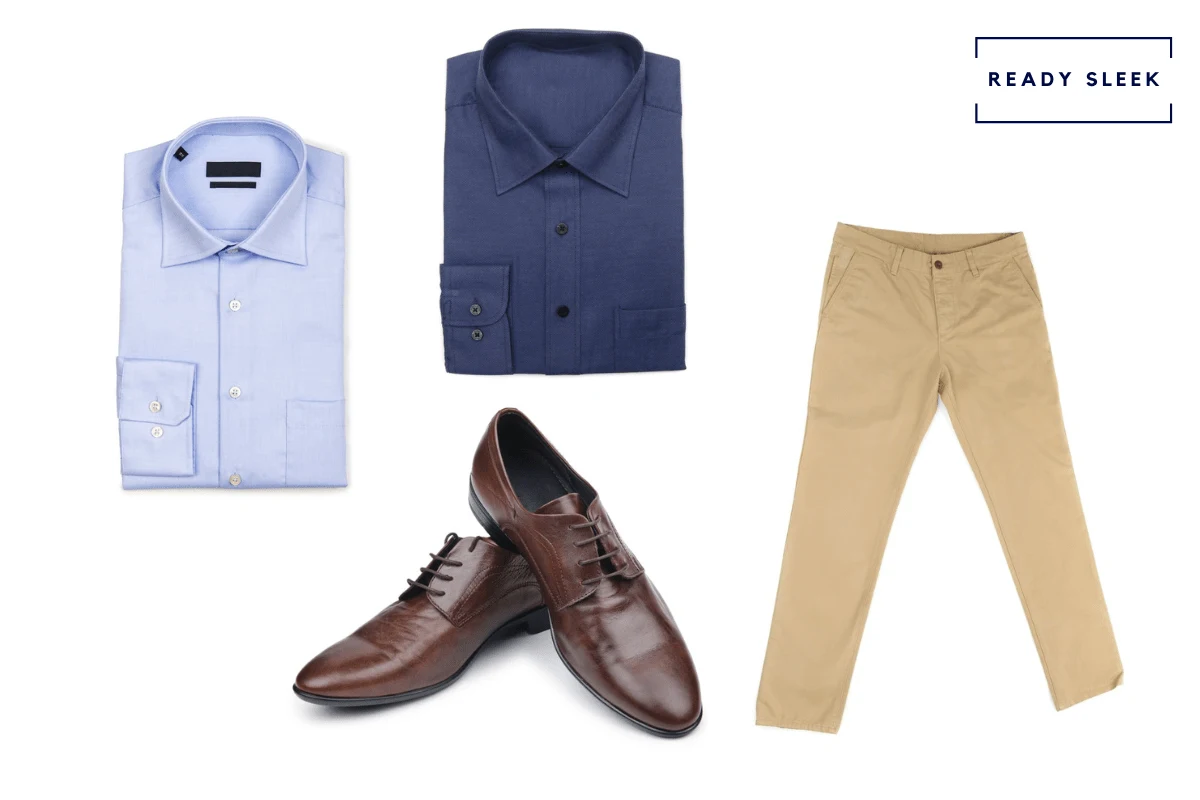 Light blue shirt + navy blue shirt + dark brown dress shoes + khaki pants + oxford shoes