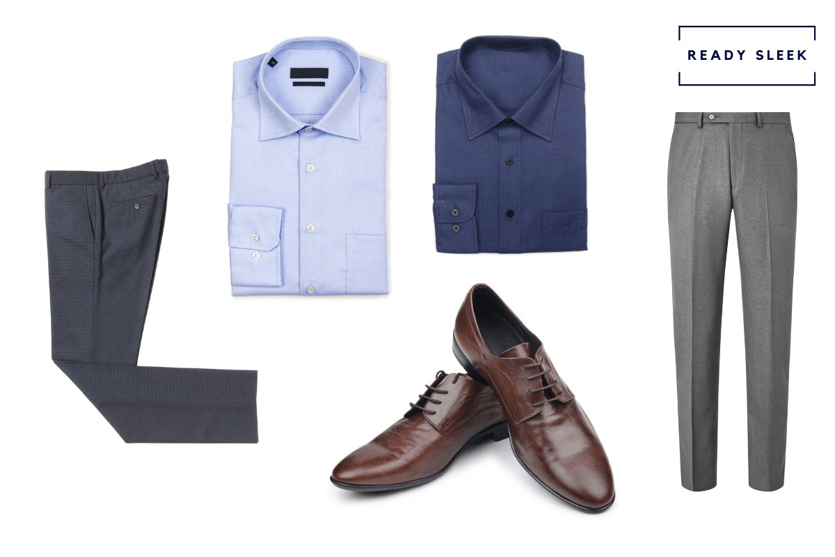 Light blue shirt + navy blue shirt + dark brown dress shoes + slate grey pants + dark grey mens pants