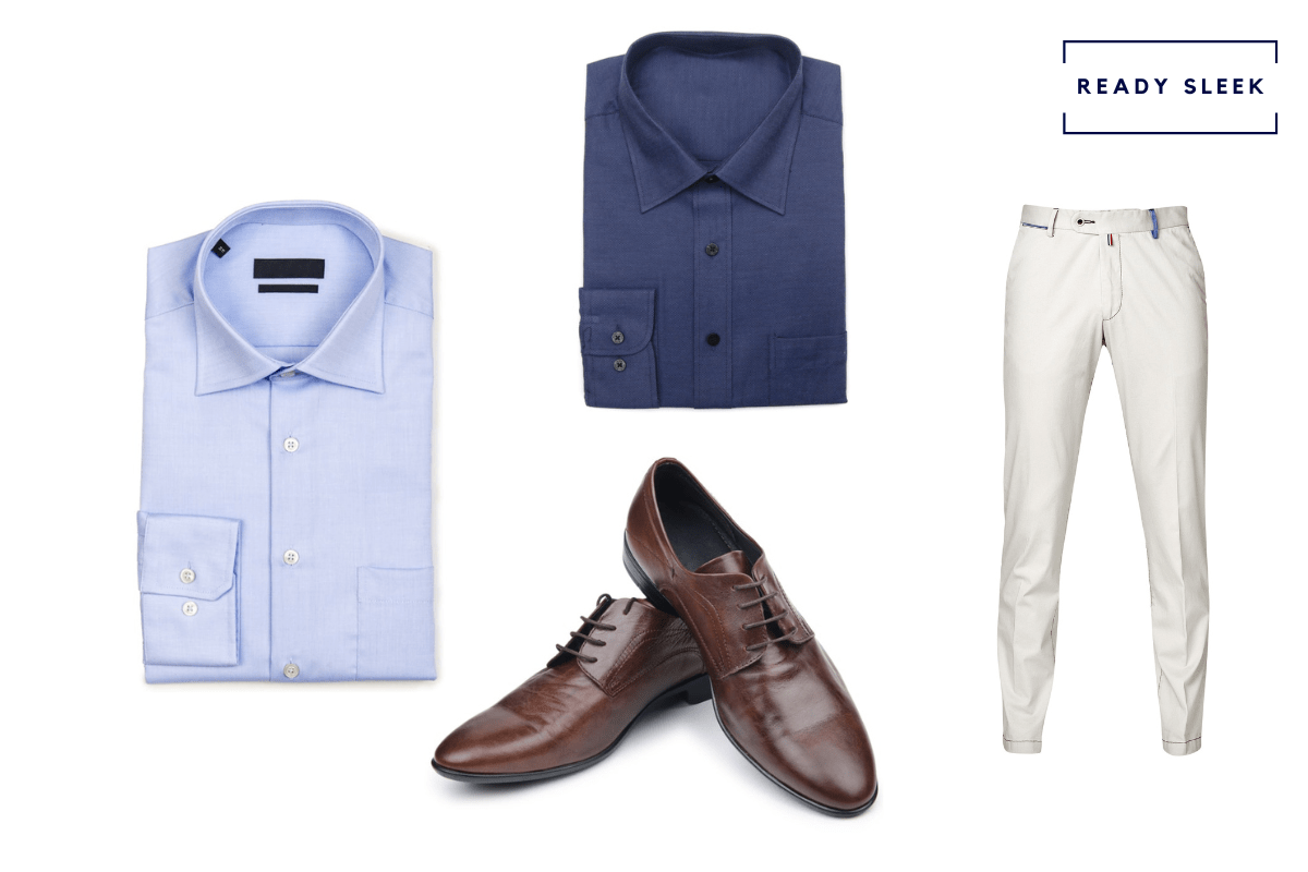 Light blue shirt + navy blue shirt + dark brown dress shoes + white pants