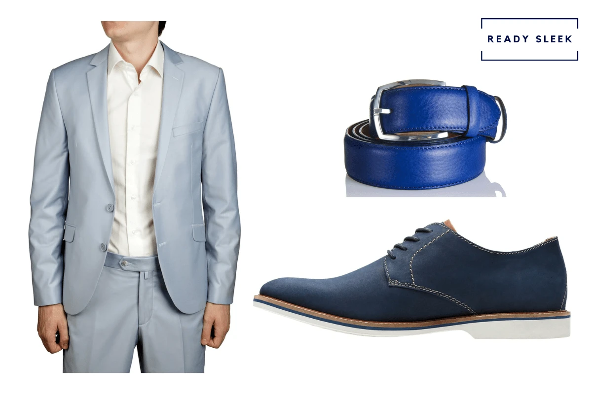 Light blue suit + blue belt + blue suede derby shoes