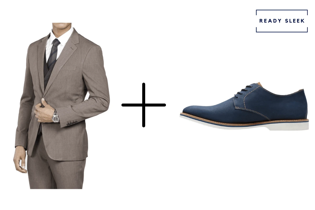 Light brown suit + blue suede derby shoes