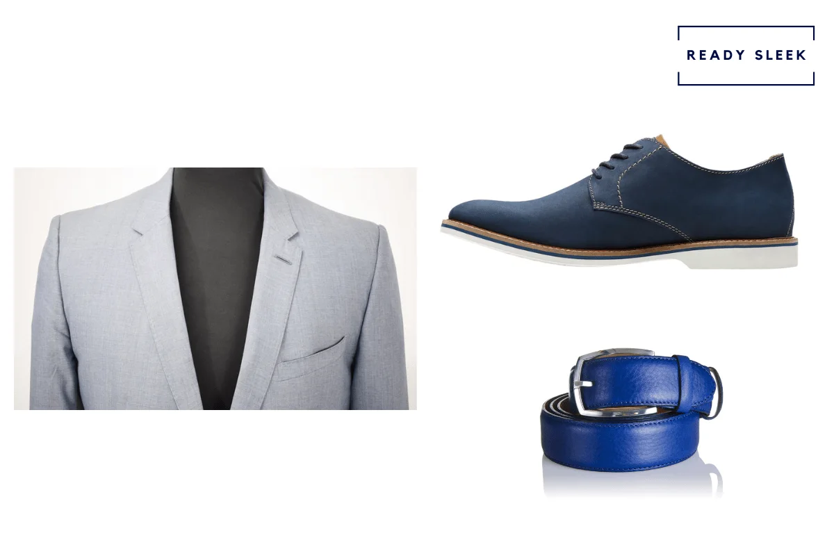 Light grey suit + blue belt + blue suede shoes