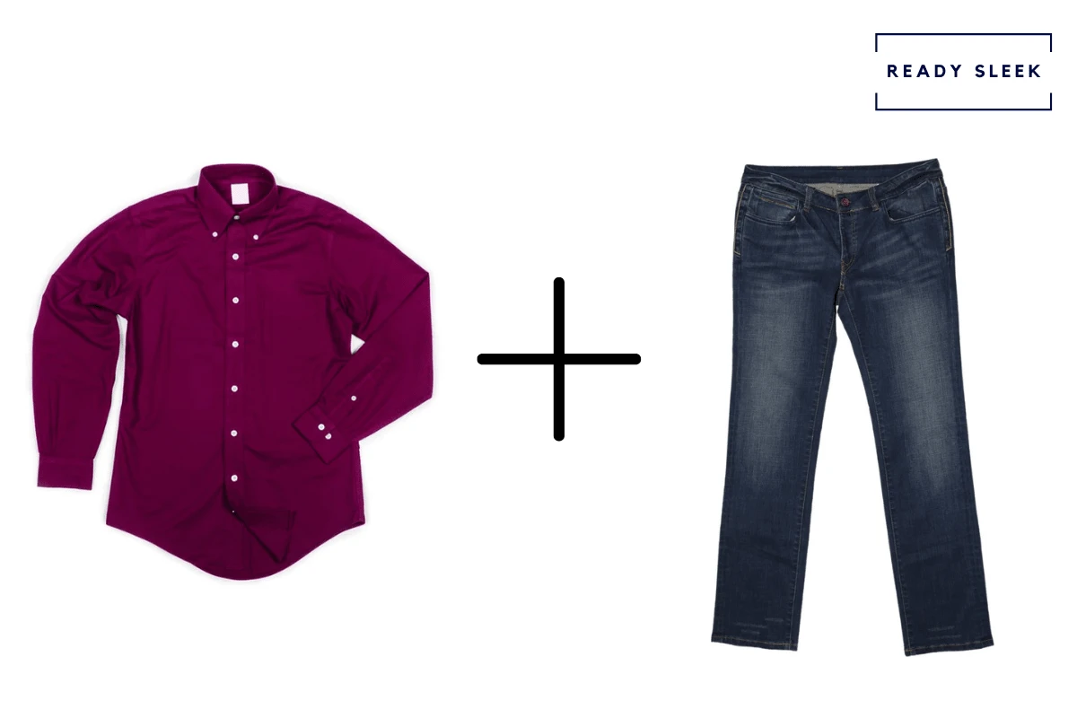 Maroon button up shirt + dark blue jeans