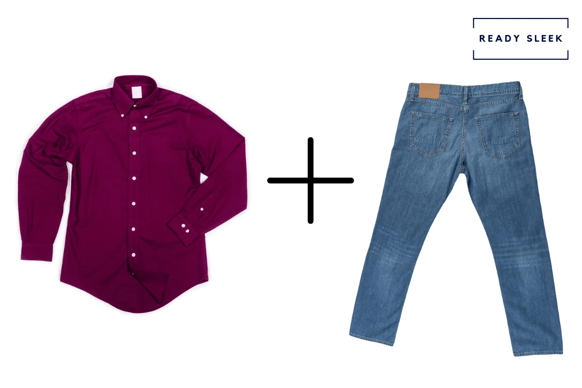 Maroon button up shirt + medium blue jeans