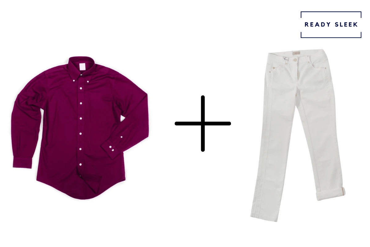 Maroon button up shirt + white jeans