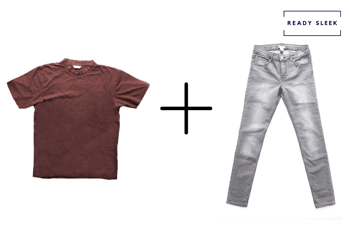 Maroon tshirt + grey pants