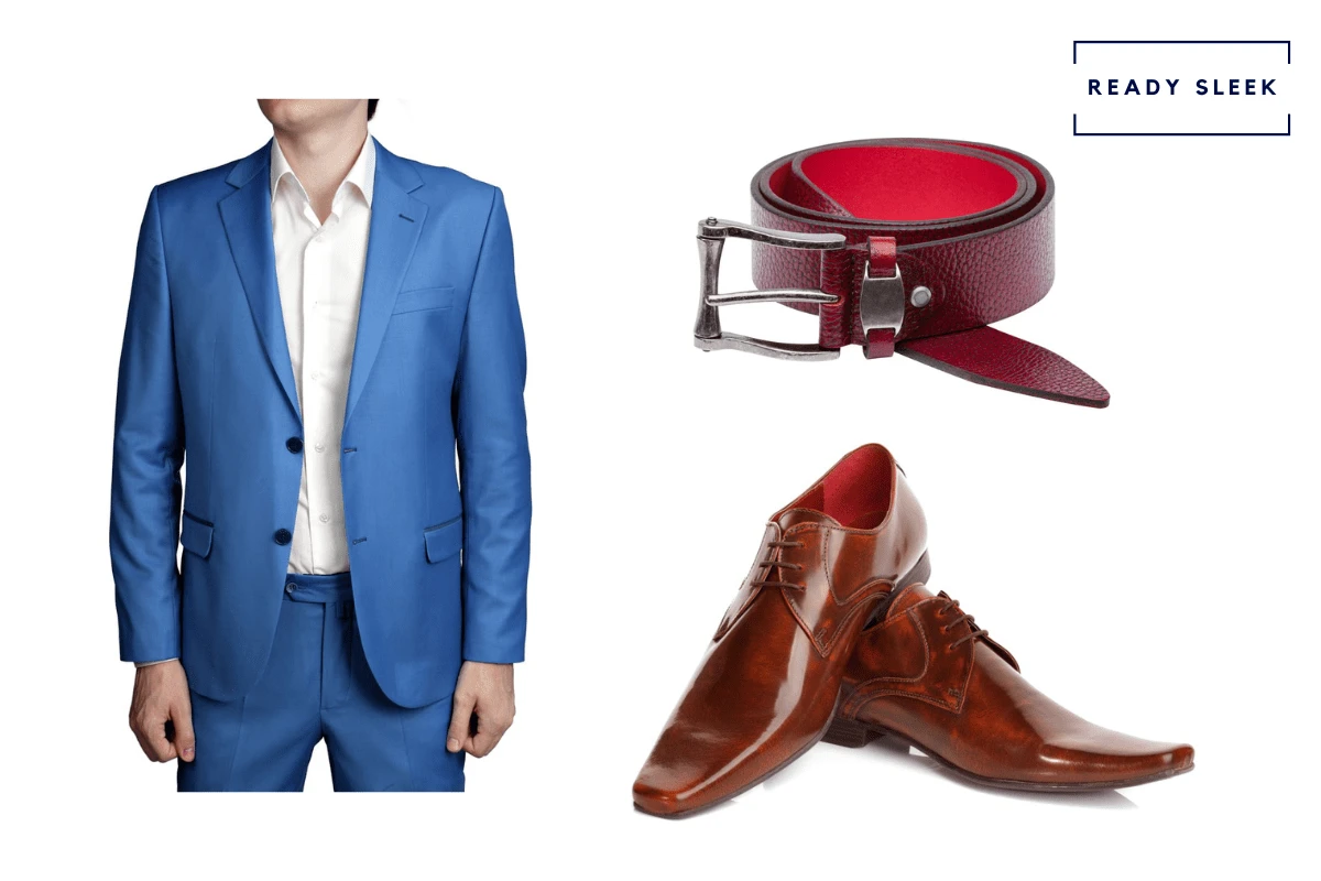 Medium blue suit + burgundy belt + burgundy dress shoes
