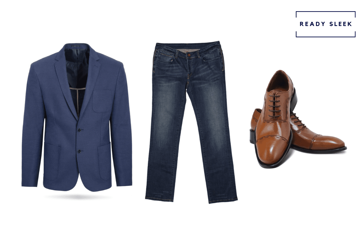 Navy blue blazer with dark blue jeans and light brown cap toe oxford shoes