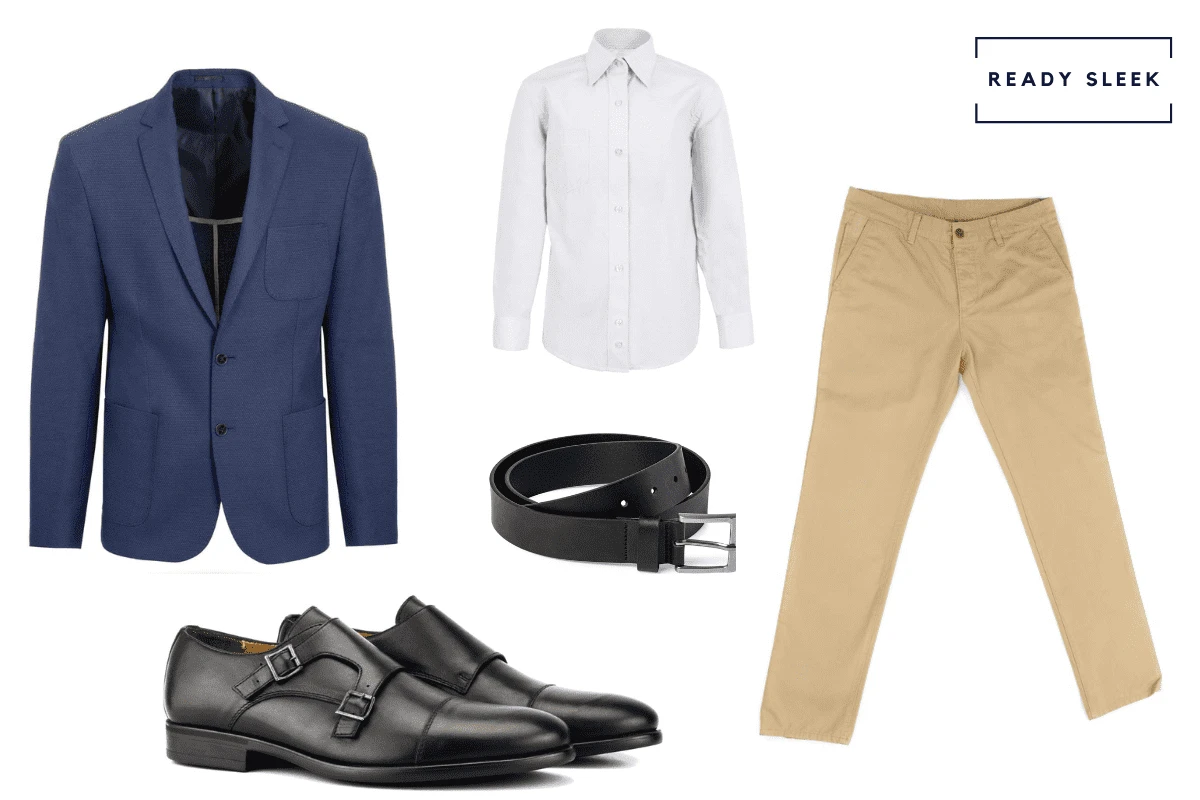 Navy blue blazer + khaki pants + white casual shirt + black monkstrap shoes + black belt