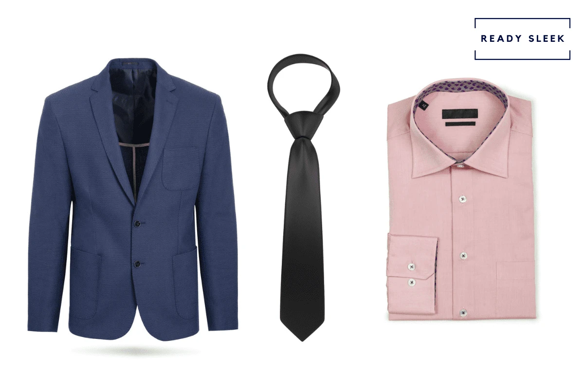 Navy blue suit with pink shirt and black tie
