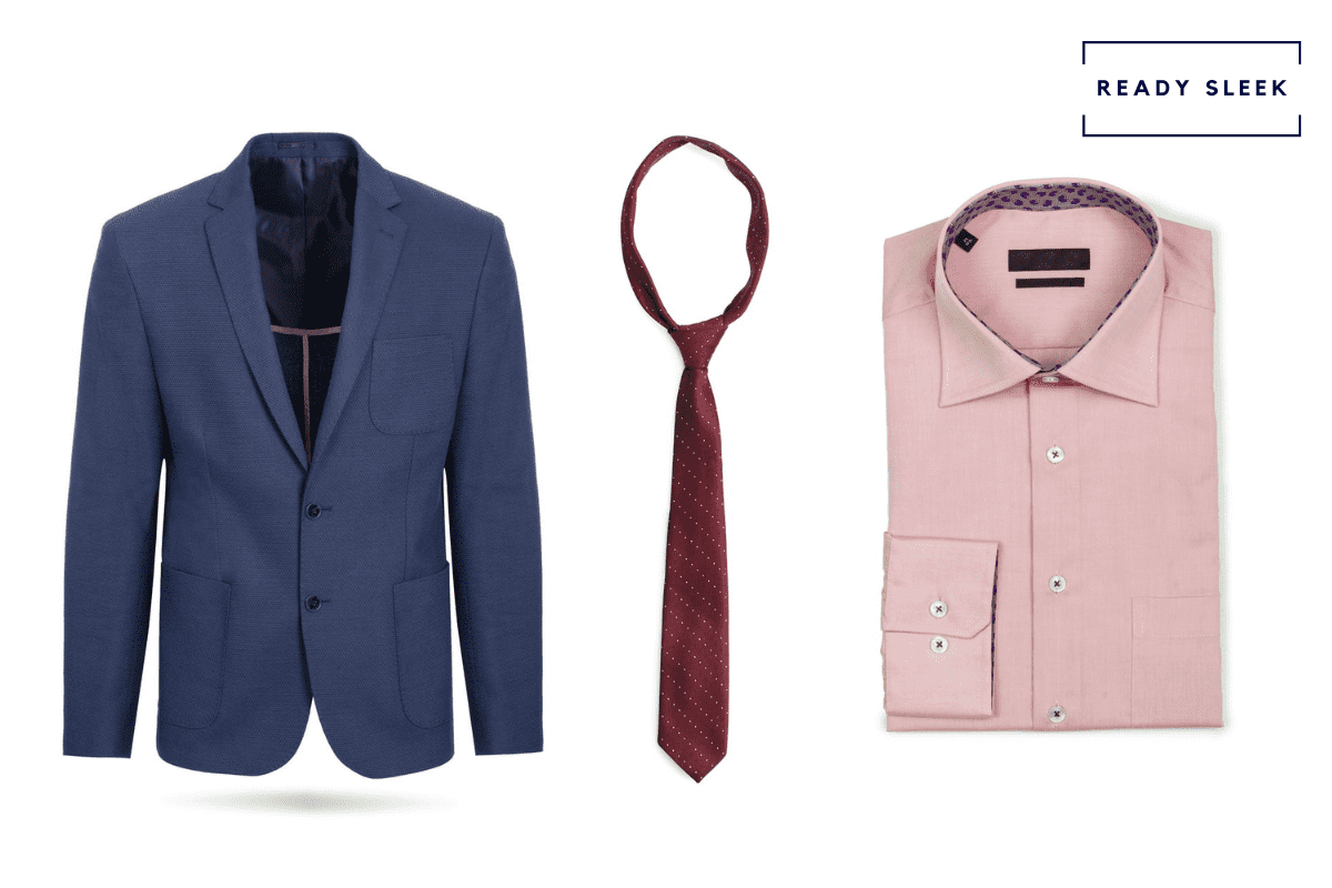 Navy blue suit with pink shirt and burgundy tie