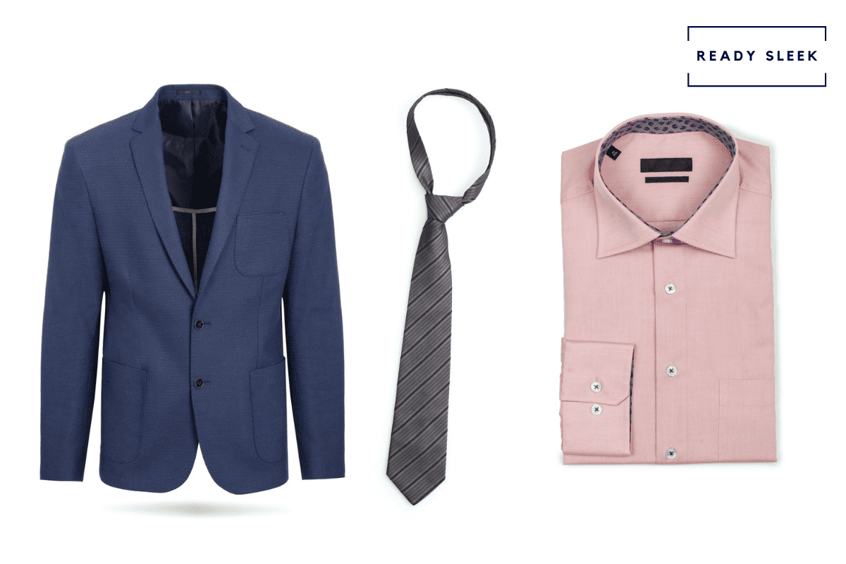 navy blue suit with pink shirt and slate grey tie