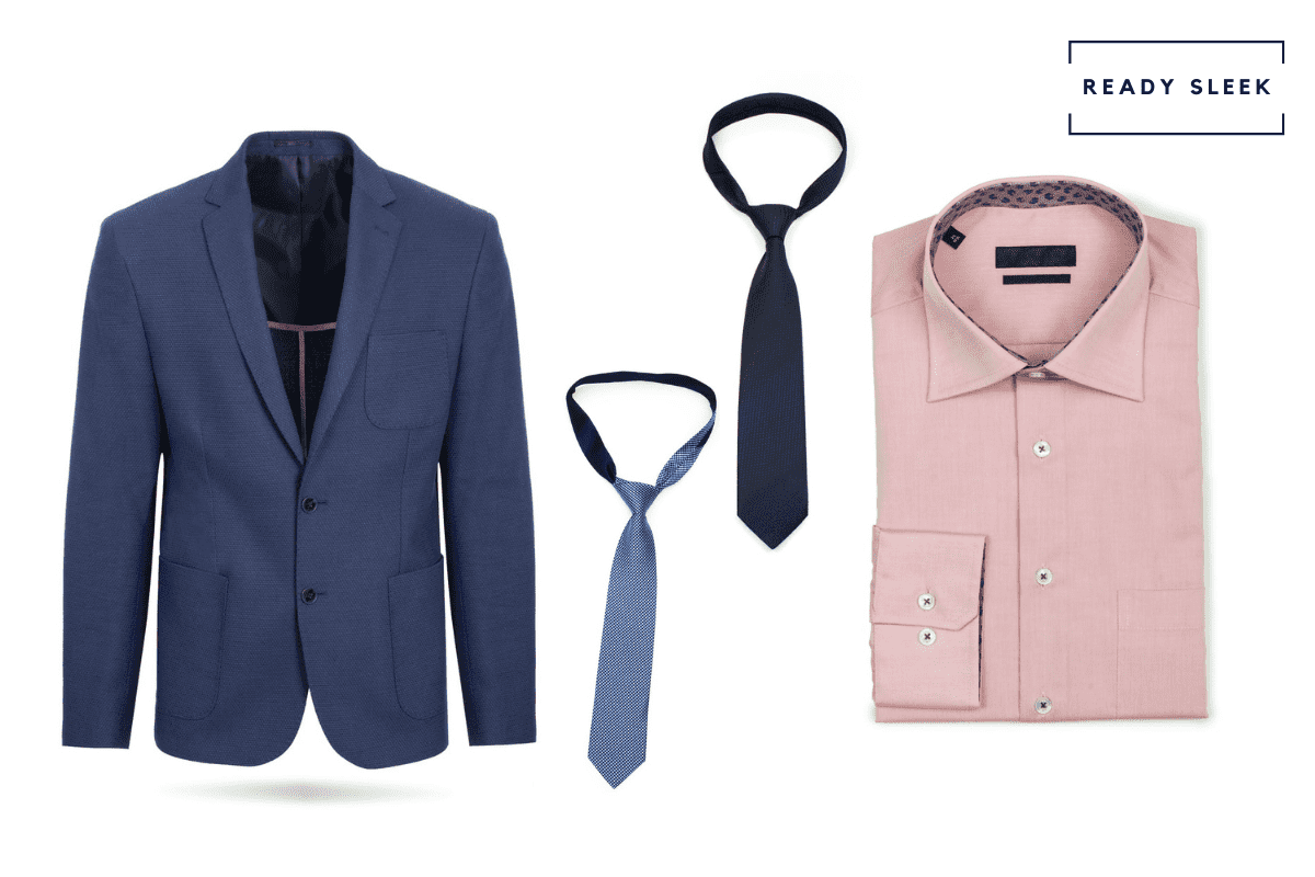 Navy blue suit with pink shirt, navy blue tie and steel blue tie