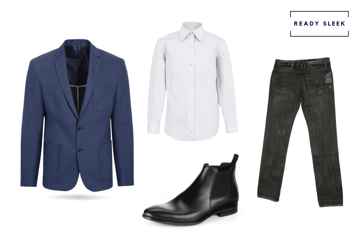 Navy blue blazer with white casual shirt, black jeans and black chelsea boots