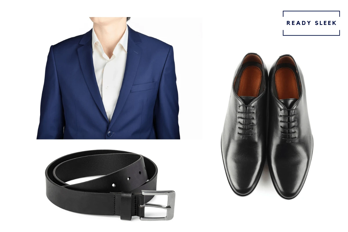 Navy blue suit + black belt + black oxford shoes