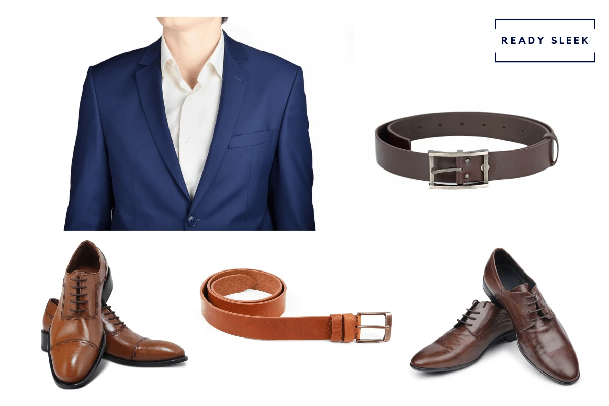 Navy blue suit + dark brown belt + light brown belt + light oxford shoes + dark brown shoes