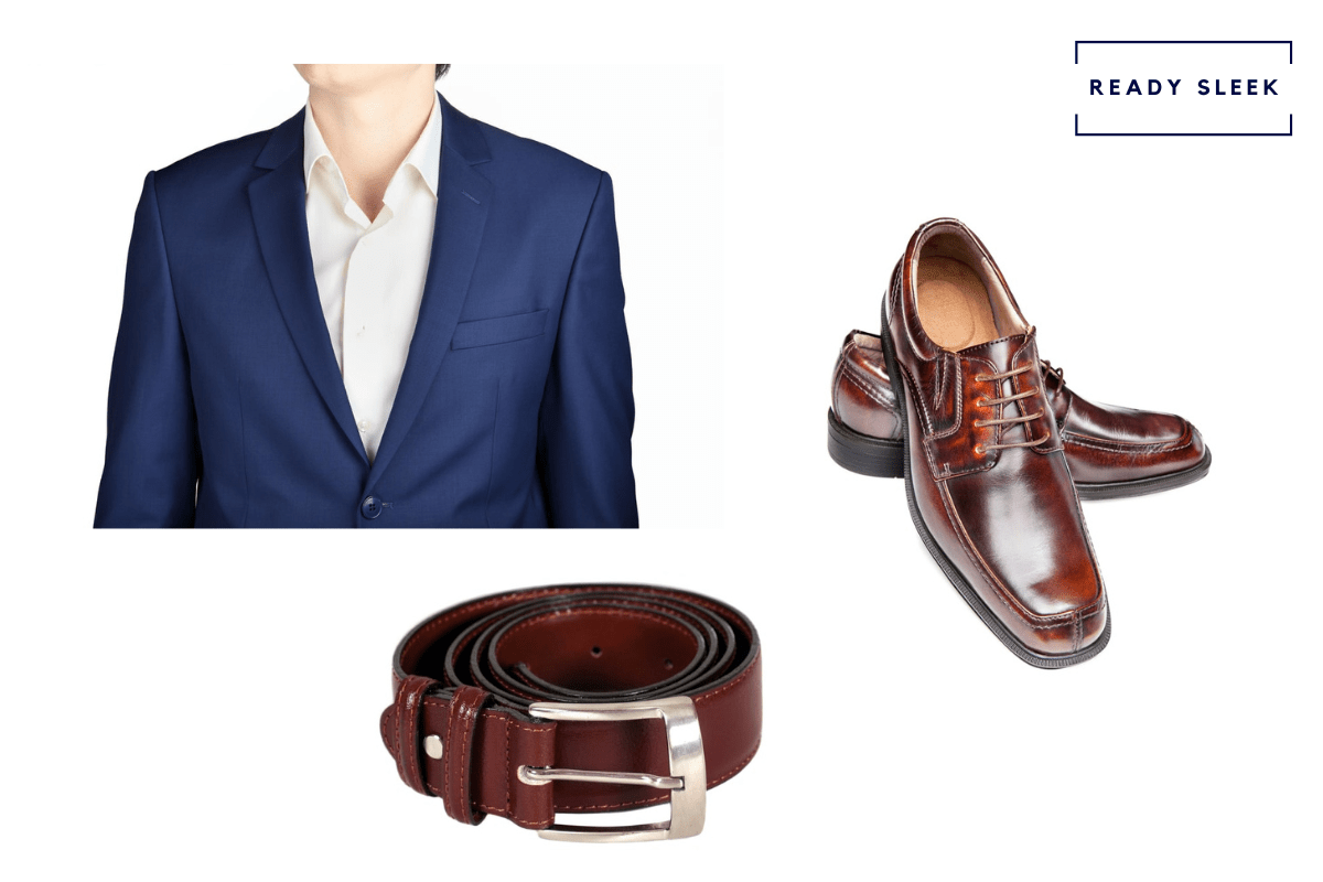 Navy blue suit + oxblood belt + oxblood shoes