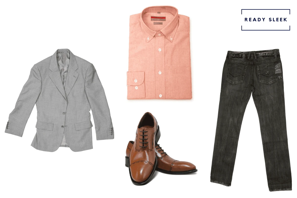 Salmon pink shirt + black jeans + grey blazer + light brown cap toe oxford shoes