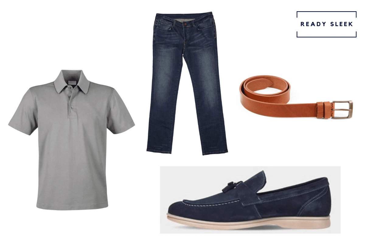 Suede tassel loafer + dark blue jeans + light brown belt + grey polo shirt