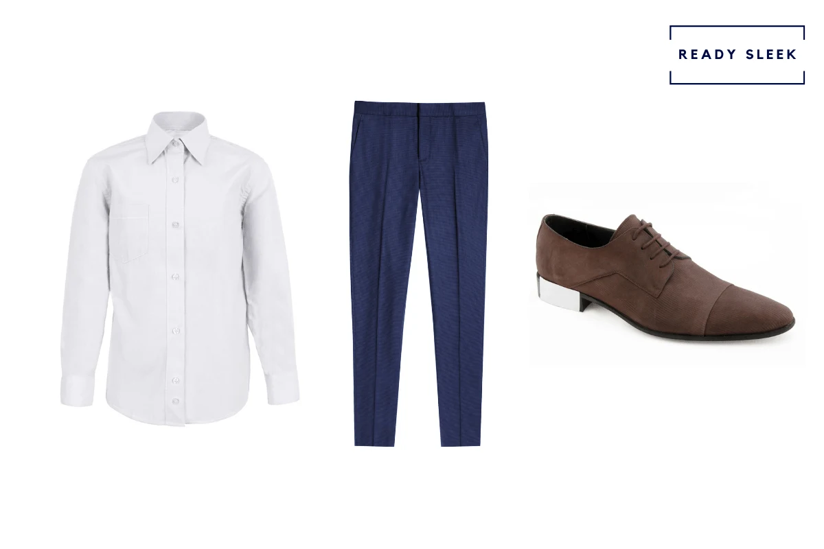 White casual shirt + dark brown suede shoes + navy blue pants