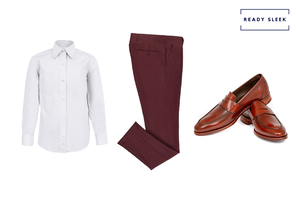 White casual shirt + dark brown suede shoes + navy blue pants