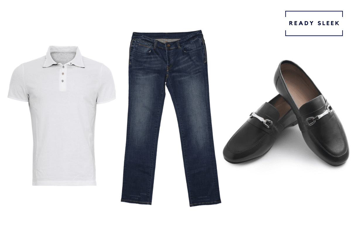 White polo shirt with dark blue jeans and black horsebit loafers