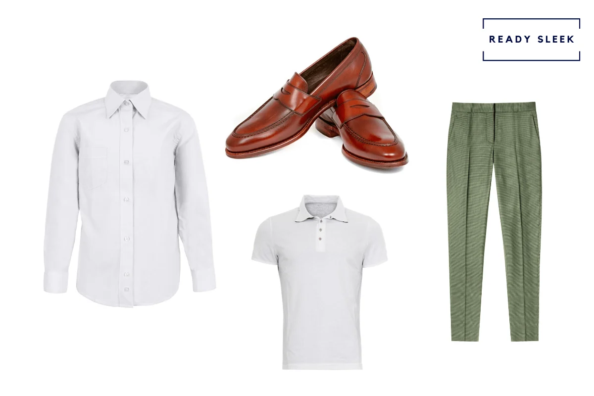 White shirt + white polo shirt + leather penny loafers + light green pants