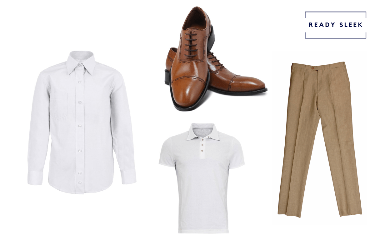 White shirt + white polo shirt + light brown cap toe Oxford shoes + khaki pants