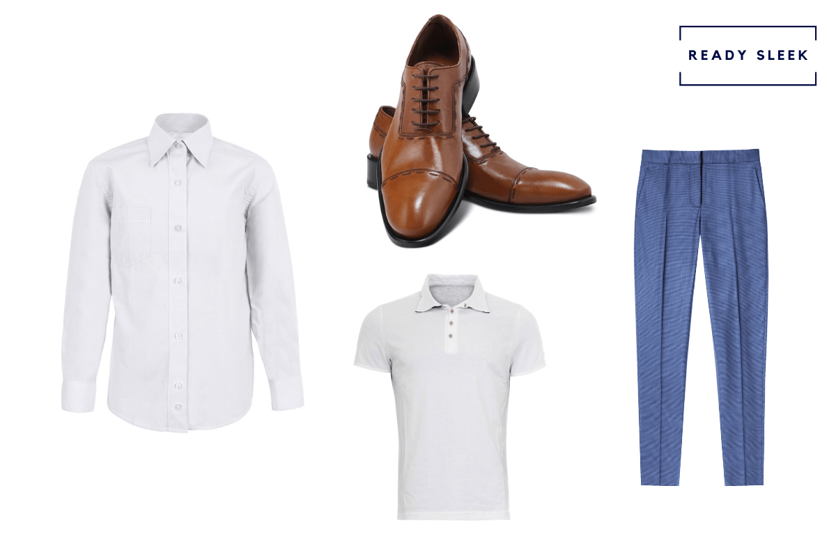 White shirt + white polo shirt + light brown cap toe Oxford shoes + medium blue pants