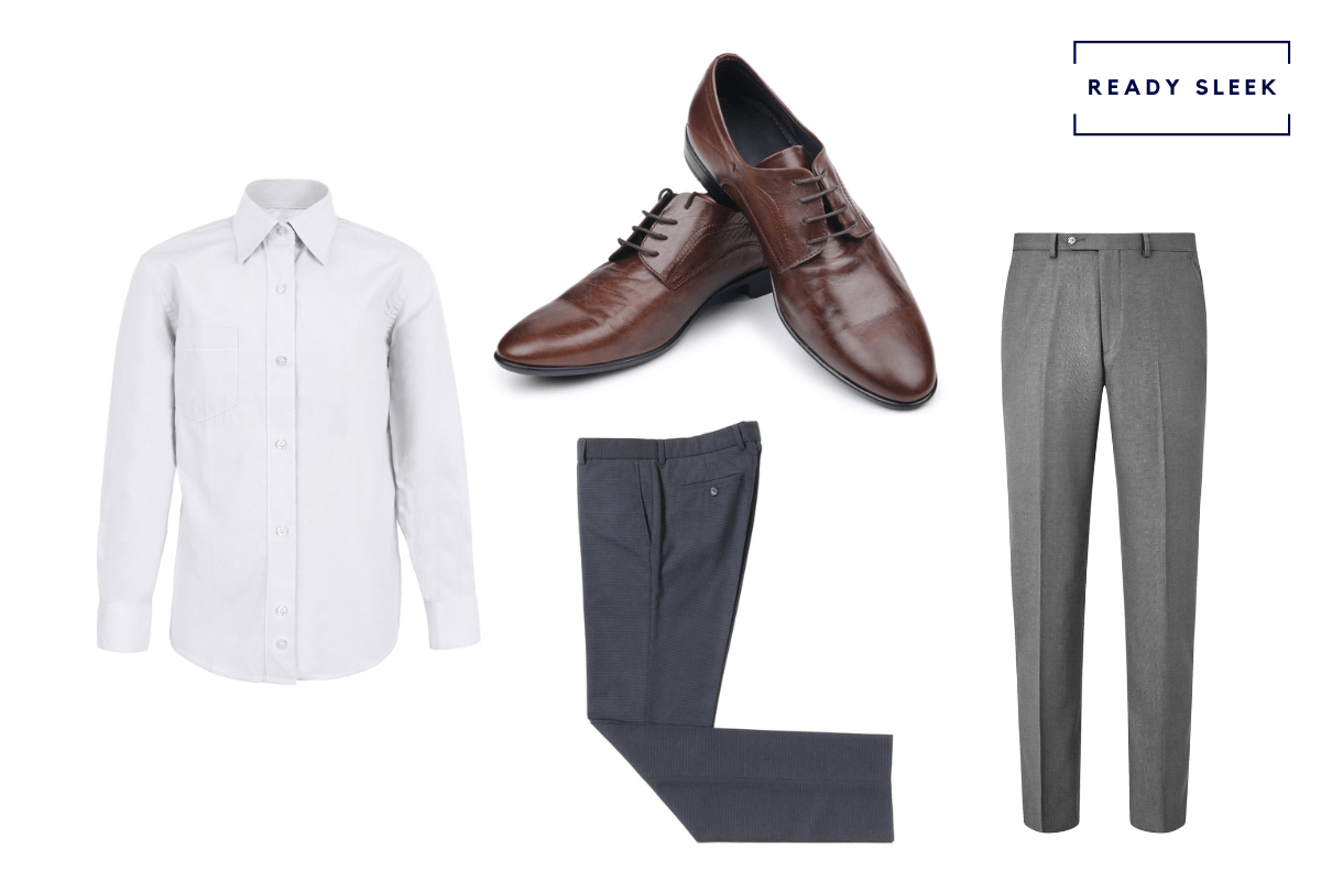 White shirt + dark grey pants + slate grey pants + dark brown dress shoes