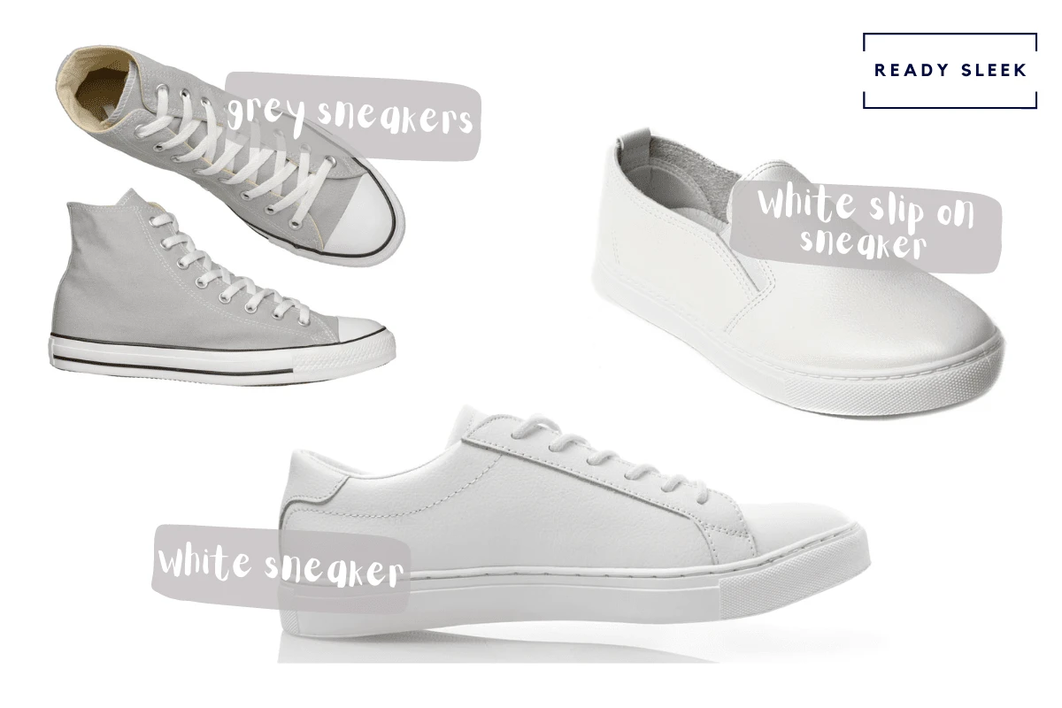 White sneakers, grey sneaker and white slip on sneakers