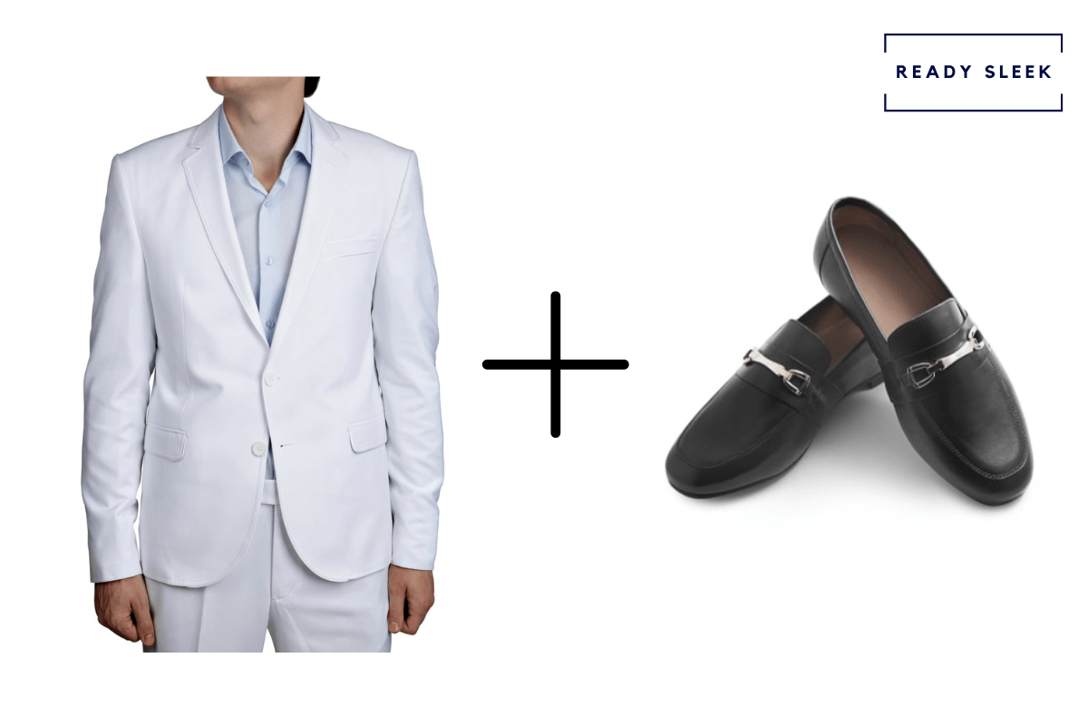 White suit + black horsebit loafers