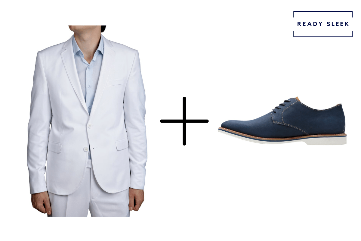 White suit with blue suede derby shoes