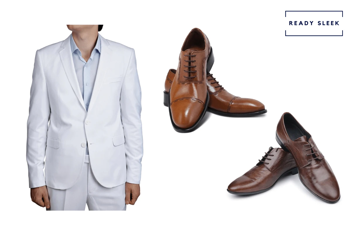 White suit + light brown oxford + dark brown dress shoes