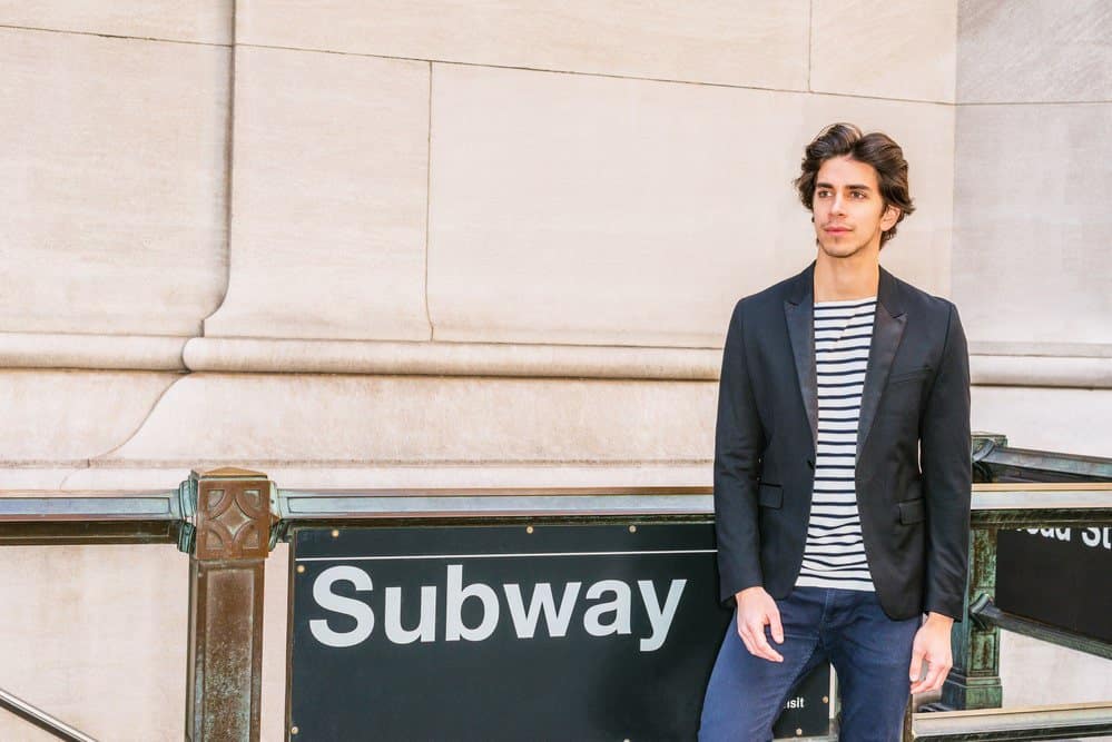 black blazer and jeans striped t shirt 