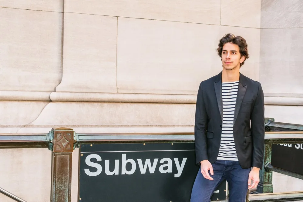 black blazer and jeans striped t shirt 